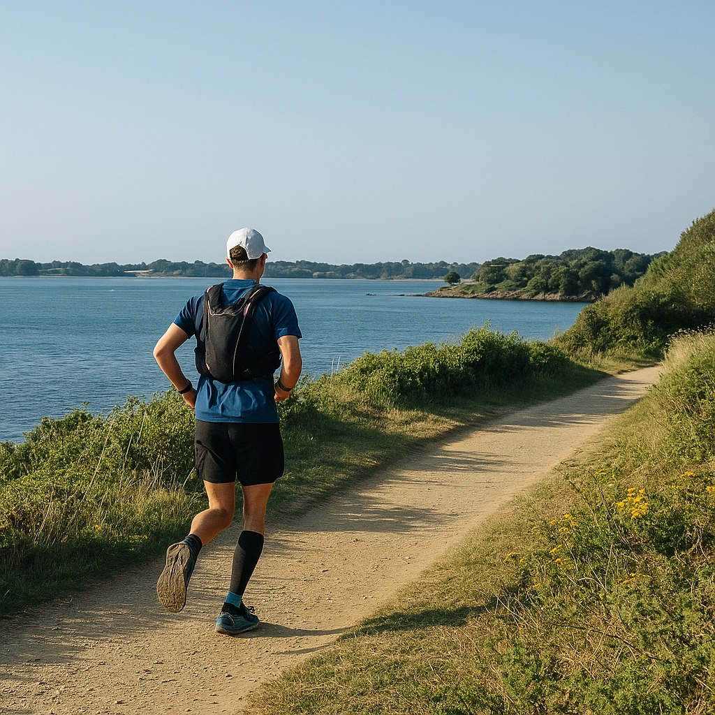 Coureur sur les sentiers côtiers du Golfe du Morbihan pendant l’Ultramarin