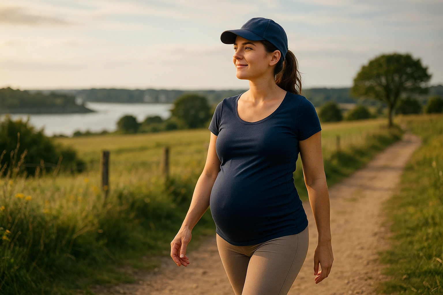 Femme enceinte marchant dans la nature près d’Auray – activité physique douce pendant la grossesse