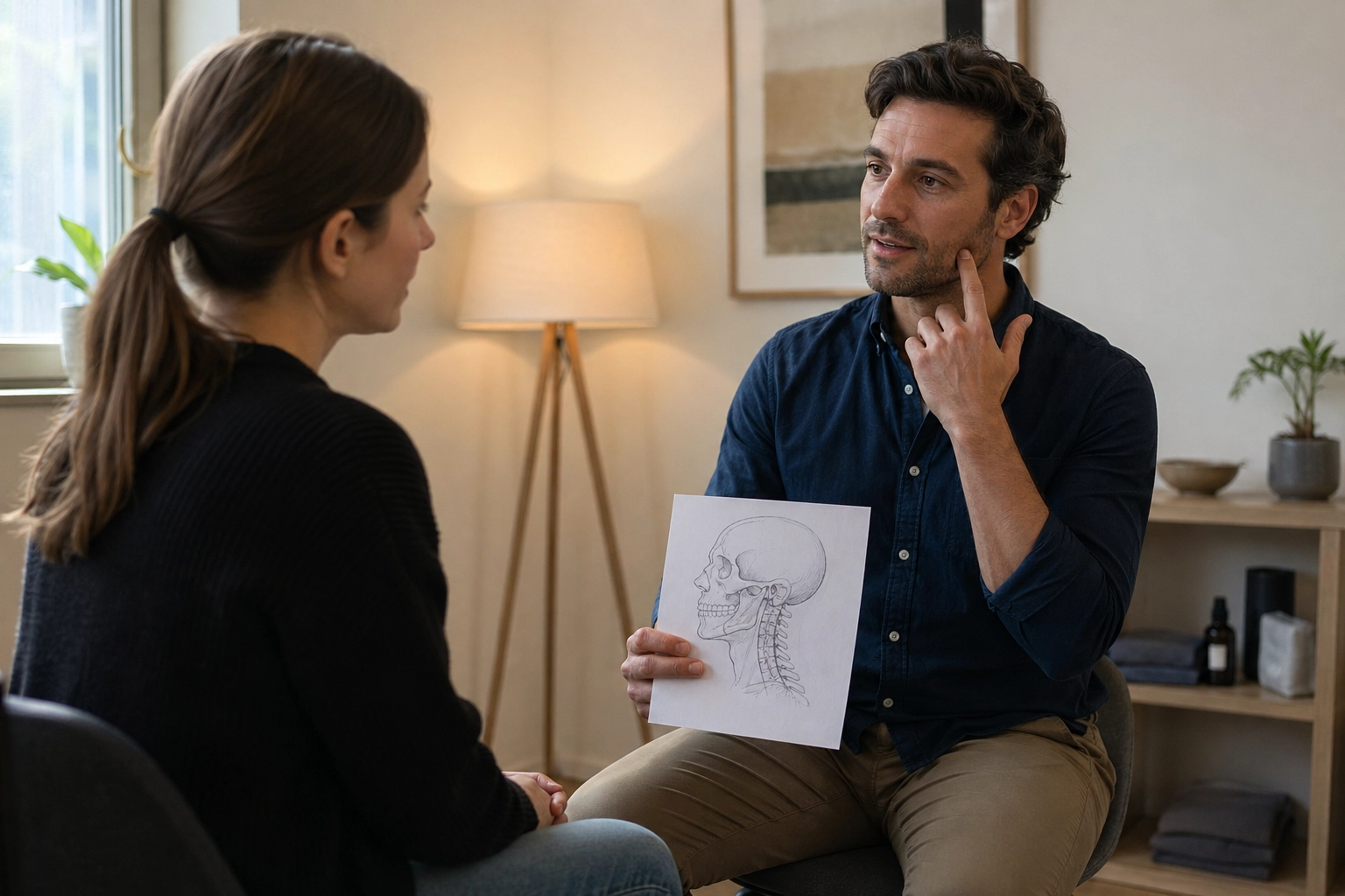 Échange en consultation ostéopathique autour d’une douleur de mâchoire et des tensions du cou
