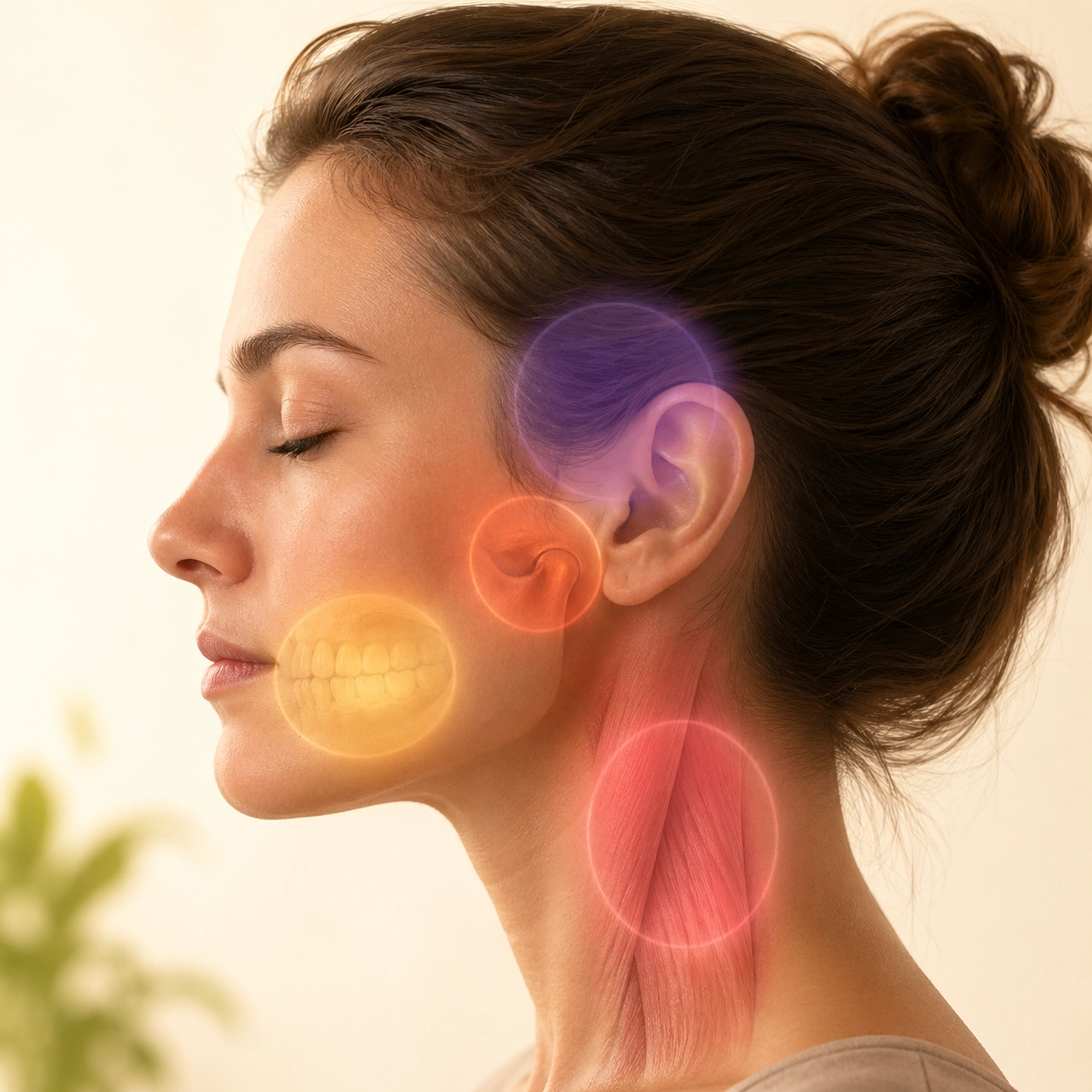 Schéma simplifié montrant plusieurs zones pouvant être associées à une douleur de mâchoire : dents, articulation temporo-mandibulaire, oreille, sinus et cou