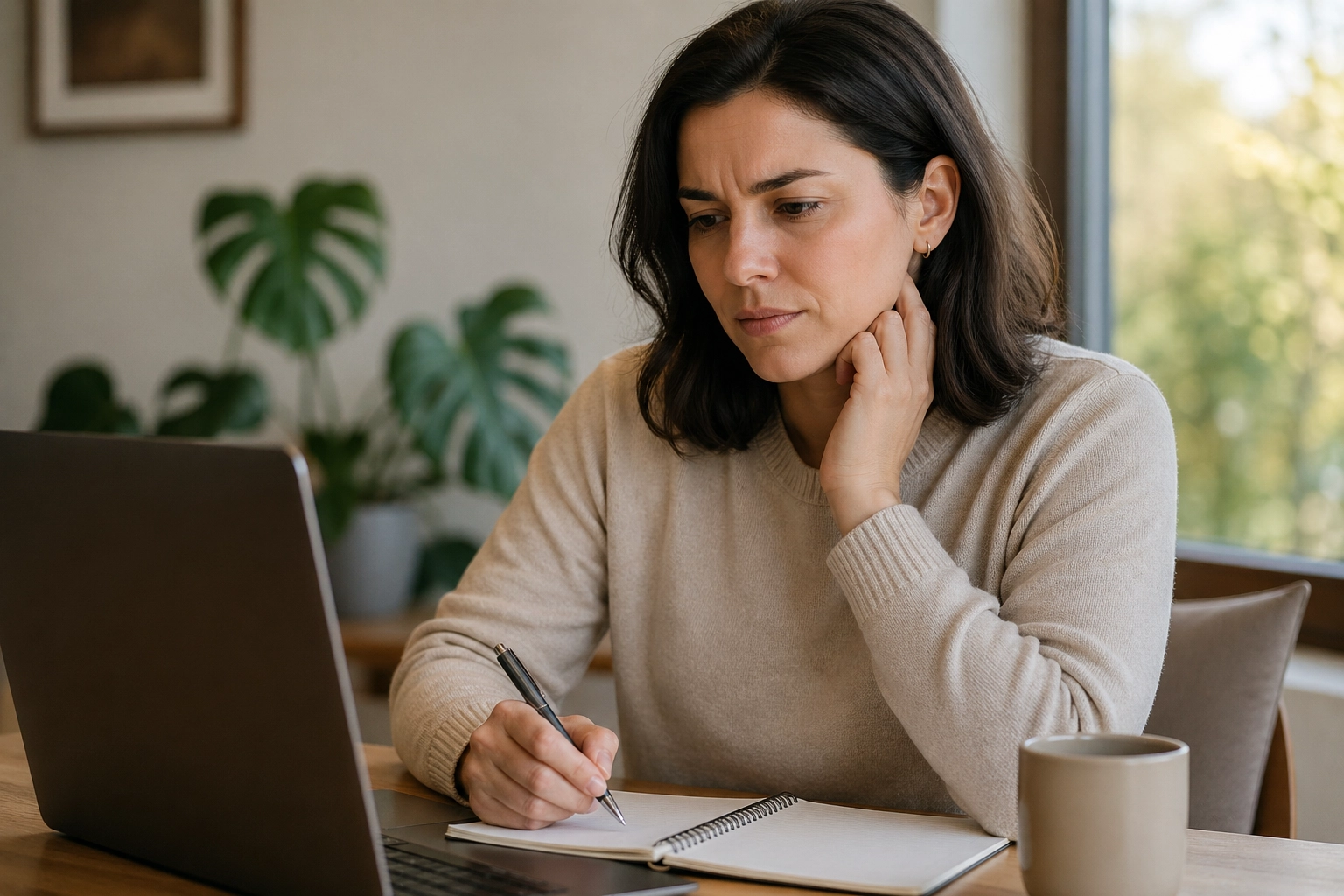 Personne au bureau ressentant une tension de mâchoire dans un contexte de concentration et de bruxisme possible