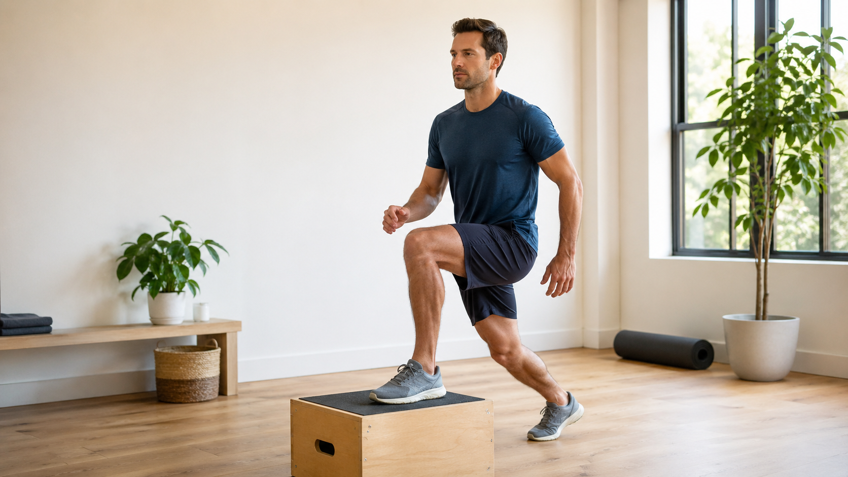 Sportif amateur reprenant progressivement l’activité après une blessure avec un exercice contrôlé et adapté.