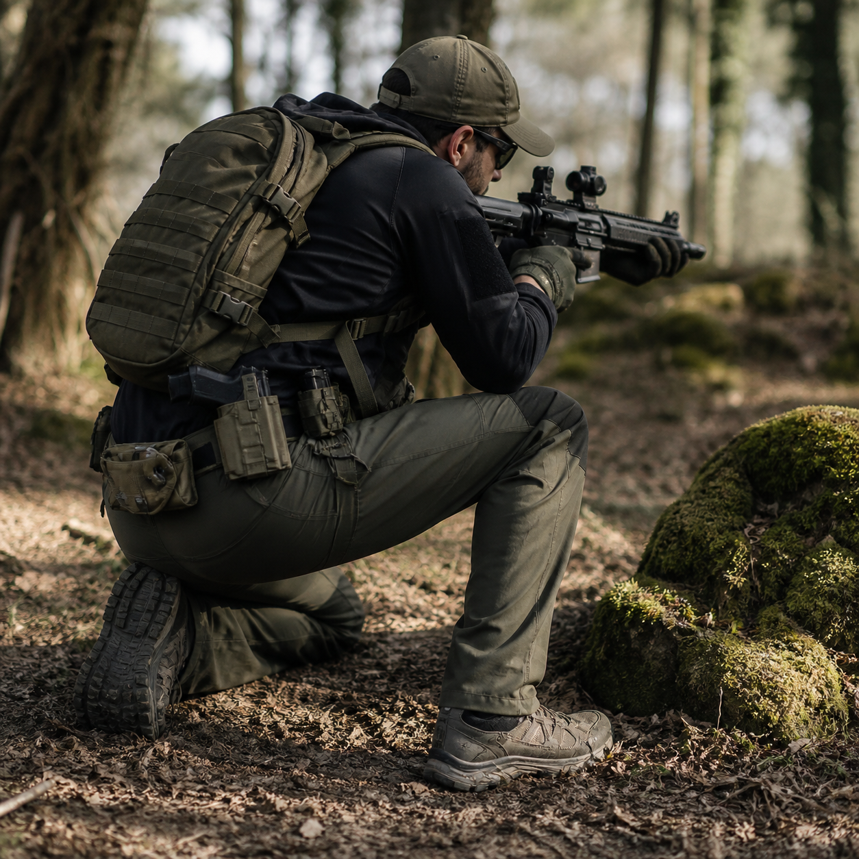 Personne en position basse sur terrain boisé, illustrant les contraintes du genou, de la hanche et des appuis dans les sports tactiques.