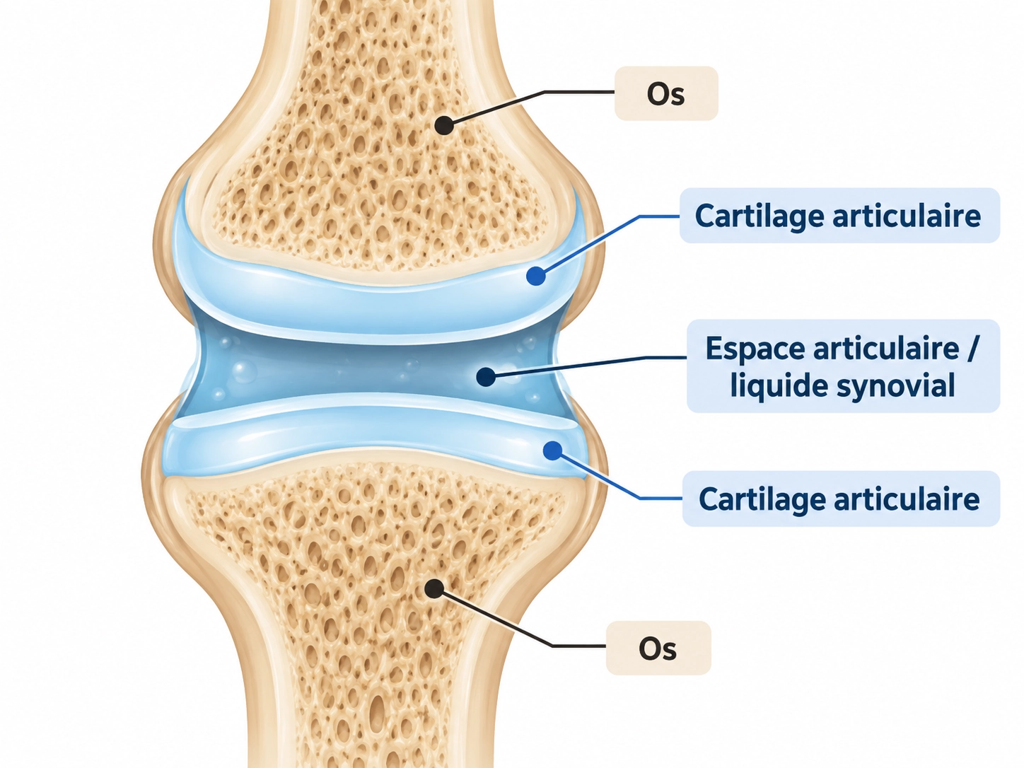 Schéma simplifié d’une articulation synoviale : le cartilage articulaire recouvre les extrémités des deux os, séparées par l’espace articulaire contenant le liquide synovial.