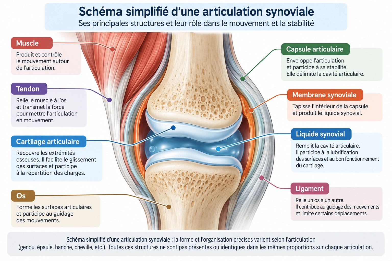 Schéma simplifié d’une articulation synoviale montrant les os, le cartilage articulaire, la capsule, la membrane synoviale, le liquide synovial, un ligament, un muscle et son tendon.