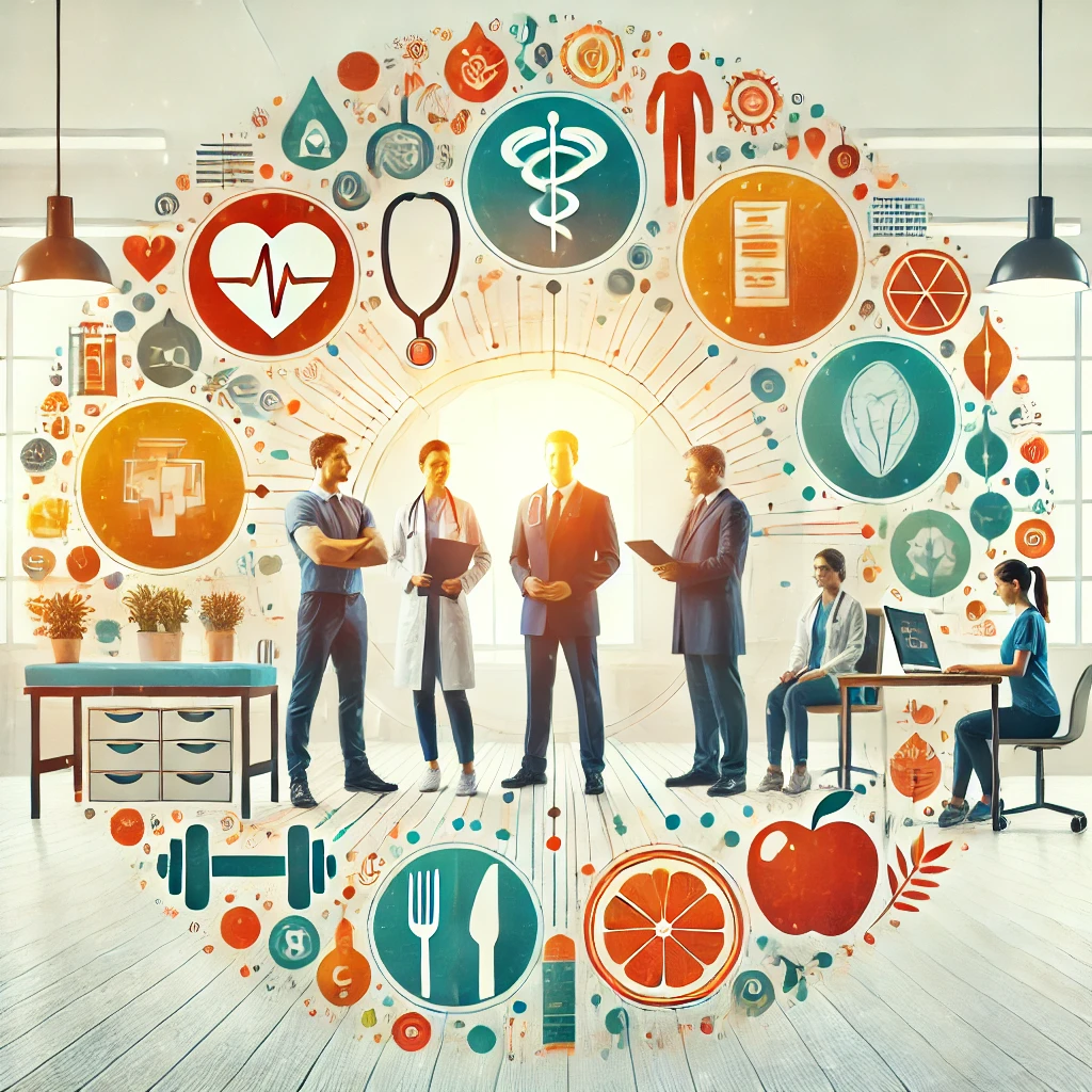 Prise en charge globale avec équipe pluridisciplinaire : médecins, ostéopathes, kinés, psychologues et nutritionnistes collaborant ensemble